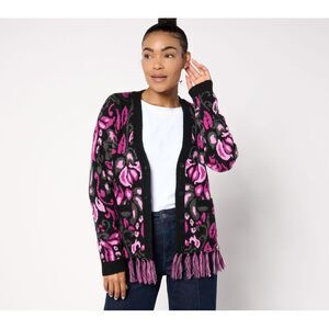 Women Control Women's Top Sweater Sz S Jacquard Cardigan w Fringe Black A667203